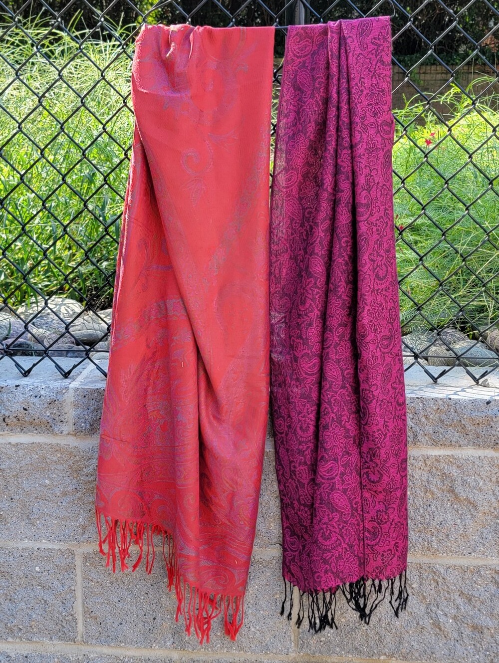 Pashmina Set of 2 Red jacquard paisley scarf Fringe scarves wrap Modest